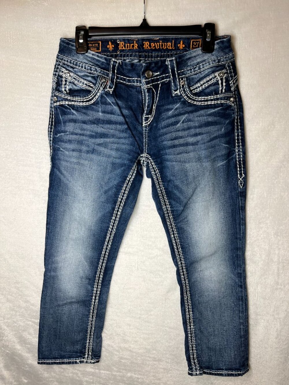 Y2K Rock revival designer capri dark blue jeans womens size 27
